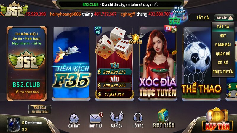 Giao diện chính của cổng game B52CLUB