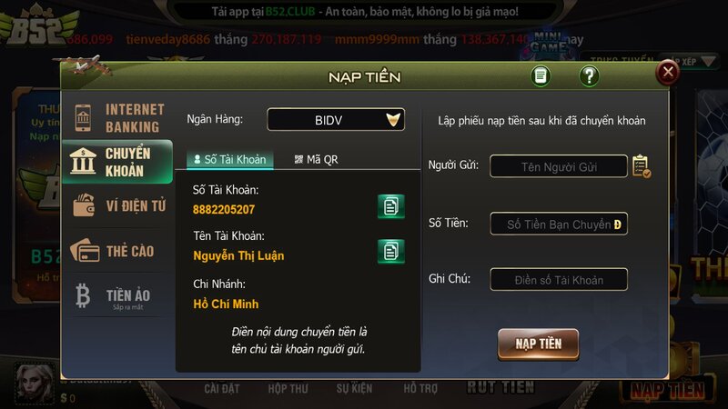 Hướng dẫn nạp tiền qua chuyển khoản ngân hàng