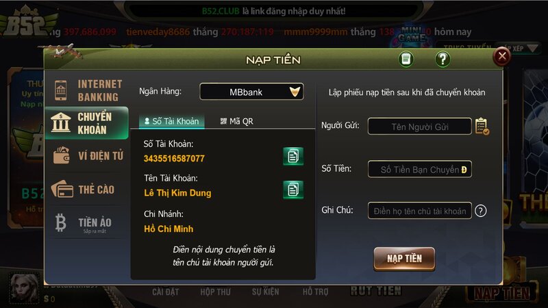 Nạp tiền vào B52 CLUB bằng MB bank qua ngân hàng