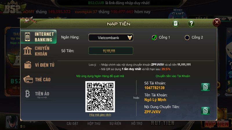 Hướng dẫn nạp tiền bằng Vietcombank bằng Code Pay