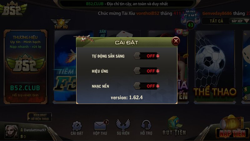 Giao diện của mục cài đặt