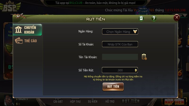 Hướng dẫn rút tiền B52CLUB qua ngân hàng