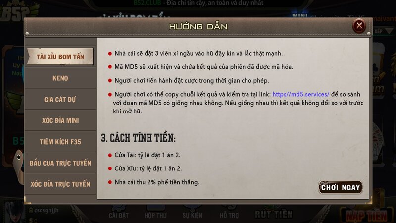 Hướng dẫn chơi Tài Xỉu Bom Tấn B52 CLUB